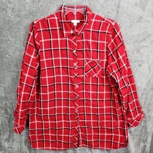 J Jill  Blouse Womens L Long Sleeve Red Plaid Button Tunic Long Length Pockets